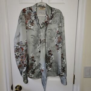 Stuart Lang Vintage Blouse 11/12 Gray Floral Longsleeve Tie Button Satin AS IS